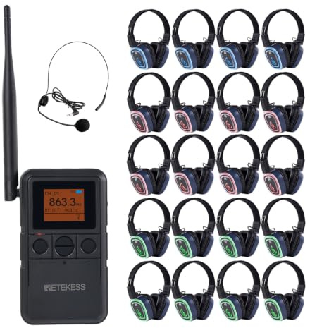 Retekess TA003P Cuffie Silent Disco, Handheld Silent Disco System (1-20) | Qualità HI-FI,12 H,3 Canali con Colori LED,Comode Da Indossare,Design portatile,Per Fitness,Yoga,Attività Aperto In Gruppo
