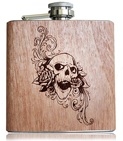 Petaca con madera codificar | Calavera y flores grabado | 6 oz – Aprox. 177 ml