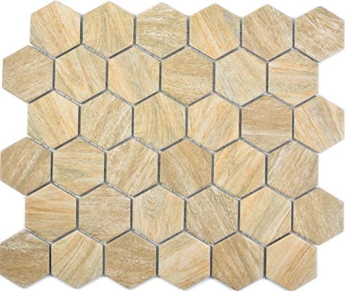 Mosaikfliese Keramik Hexagon Sechseck Holz beige Wandfliese Duschwand Wandverkleidung Badfliese Fliesenspiegel WC Duschtasse Duschwand