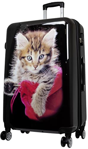 Trendyshop365 Reisekoffer Motiv Katze 77 cm 94 Liter 4 Räder Bunt Zahlenschloss