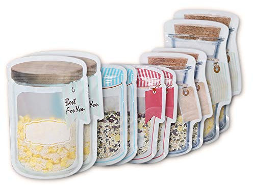 ANZKA 10 Pcs Reusable Jar Bags Mason Storage Bag for Food Snack Nut Dried Fruit Cookies, Safe Material Airtight Seal Leak-Proof Zip-lock Bottle Shaped Bag for Travel Camping Picnic Zipper Fresh Bags