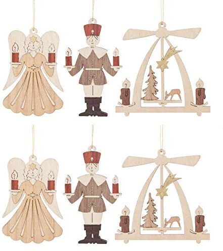 Drechslerei Kuhnert Christbaumschmuck Erzgebirge - Engel, Bergmann, Pyramide - 6er-Set - 7 cm