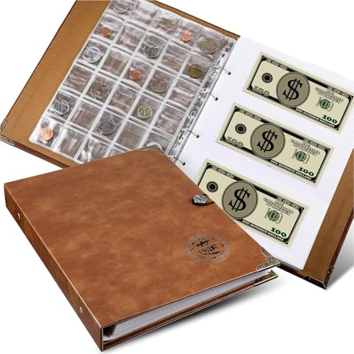 Zonon Currency Album Coin Collecting Book Holder with 150 Coin Pockets and 240 Paper Currency Pockets, PU Leather Album Collection Book Penny Storage(Brown)