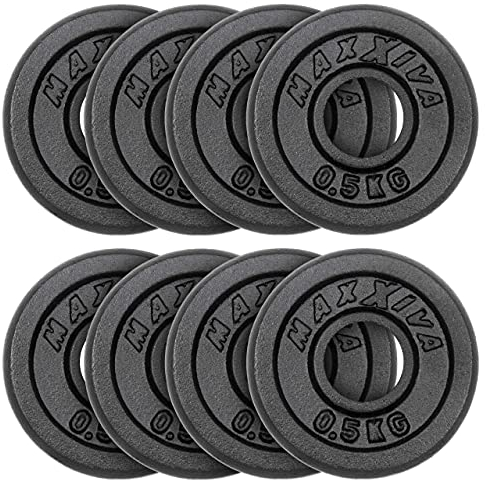 MAXXIVA Hantelscheiben 8er Set Gewichtsplatte je 0,5 kg Gusseisen schwarz 4 kg Fitness Krafttraining Bodybuilding Workout Gewichtheben Reha-Sport
