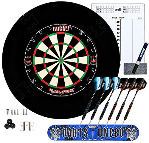 ONE80 Dartboard Gladiator II mit 6 Stahl Spitze Darts und 1 Eva Knock-down Dartboard Surround Schutzring