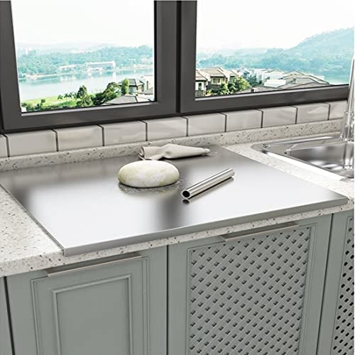 uyoyous Stainless Steel Cutting Board 80 x 50cm Large Chopping Board Pastry Board Worktop with Rolling Pin, Kitchen Cutting Mat for Kneading Pastry Meat Vegetables Bread