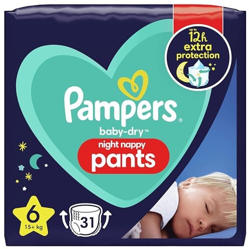 Pampers Baby-Dry Night Nappy Pants Size 6, 31 Night Nappies, 15kg+, Essential Pack