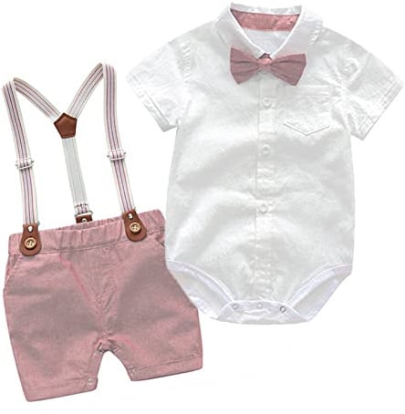 Dazzerake 2 Pezzi Completi per Neonato Tutina da Gentiluomini Estivi Pagliaccetto Camicia a Maniche Corte con Papillon + Salopette Pantaloncini con Bretelle 0-24 Mesi (Rosa A, 12-18 mesi)