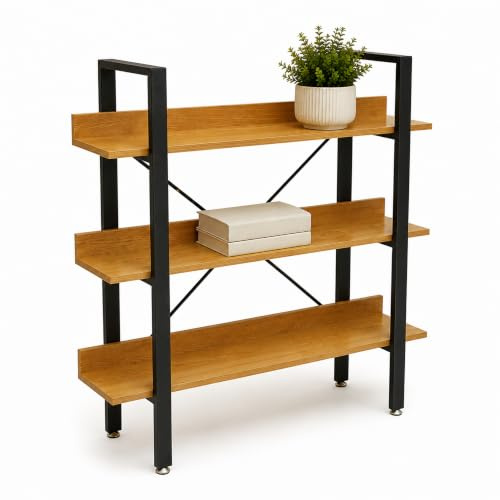 Premier Housewares Classic Design 3 Tier Light Yellow Shelf Unit With Beech Grain Wooden Shelves|Modern Gold Shelf Unit For Living Room|Sturdy Wall Shelving Unit For Books & Decor