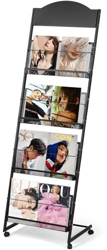LIWSHWZ Brochure Display Stand,4-Tier Magazine Rack,Floor-Standing Magazine Literature Display Stand with Wheels,High-hardness metal,for Shop Exhibitions Office