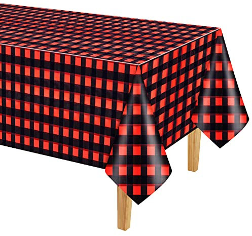 PLULON Red and Black Checkered Tablecloth Plastic Buffalo Plaid Table Cover Gingham Tablecloth Winter Christmas Table Cloth 137×274cm for Holiday Dinner Tabler Decorations Christmas Party Supplies