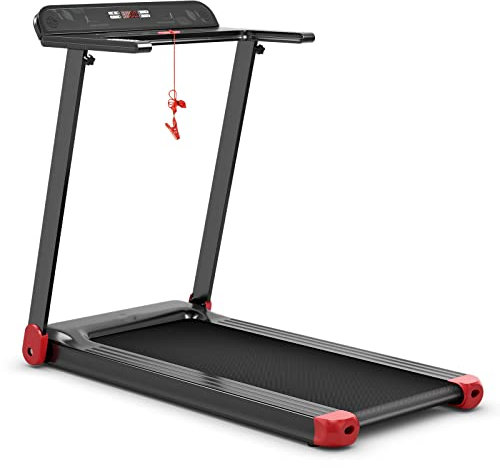 GYMAX Klappbar Laufband mit 12 voreingestellten Programmen, elektrisches Laufband mit LCD Display & Bluetooth, Laufbänder bis 90kg belastbar inkl. Sicherheitsschlüssel, für Büro & Hause (Rot)