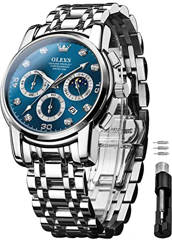 OLEVS Herrenuhren Silber Blau Geschenke Edelstahl Uhr Wasserdicht Leuchtende Lässige Elegante Männer mit Diamant Gesicht Business Quarz Armbanduhr