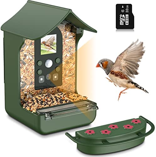 Cozion Vogelhaus mit Kamera Vogelhäuschen mit Kamera Gartenhäuschen, 1080P HD Vogelhaus Kamera, Nachtsicht-Vogelfutterhaus, Automatische Video/Fotoaufnahme von Vögeln Vogelfutterhaus mit Kamera 32GB