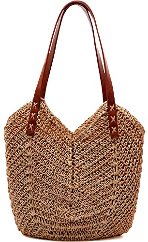 MAMUNU Sac à main en paille pour femme - Grand sac en paille - Sac à bandoulière - Fermeture éclair - Sac de plage d'été - Sac à bandoulière tissé à la main - Voyage - Vacances - Plage, kaki, L