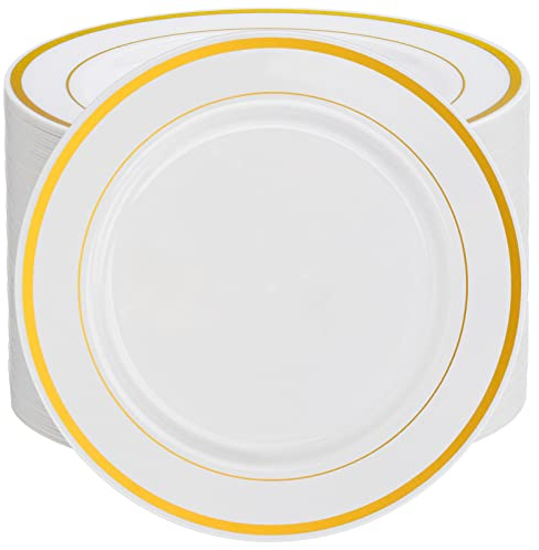 FUNSUEI 100 PCS 19cm Small Gold Rimmed Plastic Plates, Plastic Dinner Party Plates, Gold Dinner Plates for Dessert, Salad, Appetizer