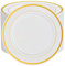 FUNSUEI 100 PCS 19cm Small Gold Rimmed Plastic Plates, Plastic Dinner Party Plates, Gold Dinner Plates for Dessert, Salad, Appetizer