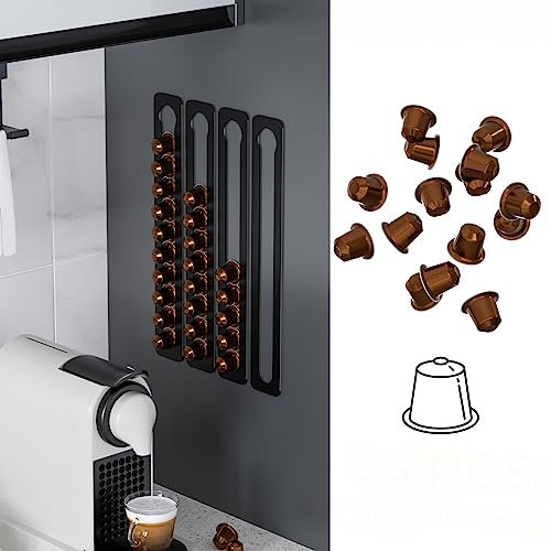 JNIHEEP Coffee Pod Holder Metal Black Adhesive Capsule Holder for Nespresso Pods,Vertically or Horizontally Mounted on Walls or Under Cabinets,15.75L by 2.38 (40cm x 6 cm) x 4 Packs Storage Holds 44