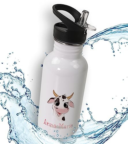 timalo® Trinkflasche für Kinder personalisiert mit Namen | auslaufsichere Edelstahl Sportflasche Kindergarten mit Tieren Geschenk für Jungen und Mädchen 400mL | 46-Kuh
