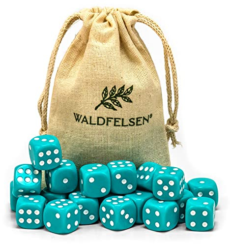 Waldfelsen 6, 12, 20, 30 oder 50 hochqualitative Würfel Standardgröße 16 mm Acrylwürfel Knobel Spielwürfel Dice 6-seitig sechsseitig Spielzubehör Set mit Stoffbeutel (Türkis, 20 Stück)