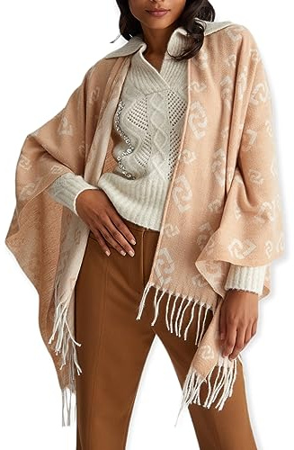 LIU JO Damen Poncho Mantel Camel 140x140 One Size EU Regular Fransen Allover Logo Print Reißverschluss Casual Herbst Winter