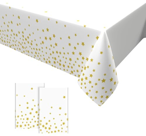 2PCS Weiß Gold Tischdecken,Gold Star Konfetti Party Tischtuch Plastik Wasserdicht Einweg Tischdecke für Party Picknick Geburtstag Jubiläum 137 x 274cm