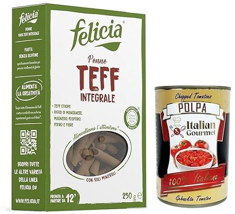 Felicia Penne di Teff Integrale,Pasta mit 100% Vollkorn Teff,Bio und Natürlich Glutenfrei,Authentischer Geschmack der äthiopischen Küche,Packung mit 250g + Italian Gourmet Polpa di Pomodoro 400g Dose