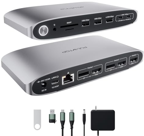 PULWTOP Displaylink Docking Station con Adattatore di Alimentazione da 140 W, Docking Station per Monitor Triplo 4K a 60 Hz per Windows, Mac M1/M2/M3/M4/M5, 3 HDMI e 2 DP, USB C/A per Ricarica Dati