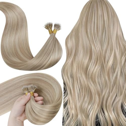 LaaVoo Nano Beads Hair Extensions Human Hair Nano Hair Extensions Blonde Invisible Nano Ring Straight Remy Highlight Medium Blonde Real Hair 50g 50s 14 Inch #18/613