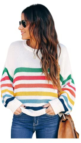 HEYPORK Damen Winter Warm Bequem Pullover Casual Mode Strickjacke Strickpullover Frauen Gestreifter Patchwork Strickpullover Mode Pullover(Weiß, XL)