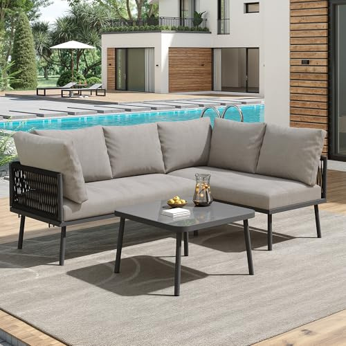 Kayan Gartenmöbel Set, Balkonmöbel Gartenlounge Set für 3-4 Personen, Tisch & Kissen, L-förmiges Terrassenmöbel, Ecksofa-Set aus Eisen, Lounge Sitzgruppe, Outdoor, für Terrasse, Balkon, Garten