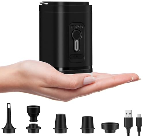 Yexati Pompe à air électrique Pompe Gonflable avec 5 Buses d’air, Mini Pompe à air Gonflable et déviée 2 en 1, Portable avec USB, Batterie de Pompe à Coussin d’air 1200mAh Rechargeable