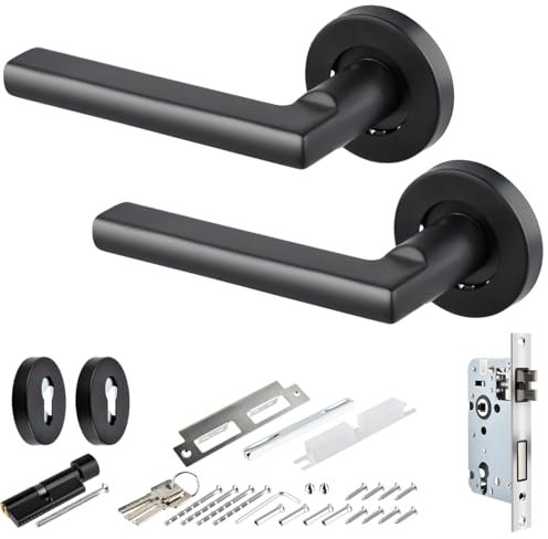 YOPEUC Black Door Handles Internal Set, Bathroom Door Lock and Handle Set Bedroom Door Handle with Lock and Key, Matt Black Door Handles Interior Door Handles for Home and Office