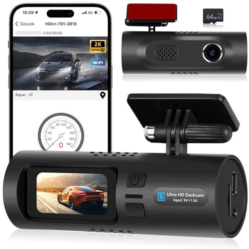Dash Cam 2K per auto - Mini telecamera da 1,5 pollici con supporto G-Sensor WiFi registrazione in loop visione notturna monitoraggio del parcheggio controllo tramite app specchio flip