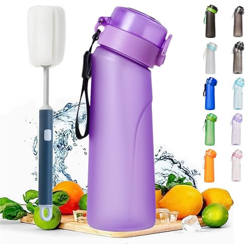 DENZYF Air Gourde Bouteille 650ML Avec 1 Saveur Gout Pod, Air Bouteille d'eau Parfumée Sans BPA Avec Paille-0 Sucres et Tasse d'eau de Sport (Givré violet + Brosse)