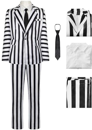 bi bi hou Herren Beetle J'uice Cosplay Kostüm Set B'eetleJuice Verkleidung Schwarz und Weiß Gestreifter Anzug Uniform Weihnachten Halloween Karneval Party Bühnenauftritt Kostüm Erwachsene