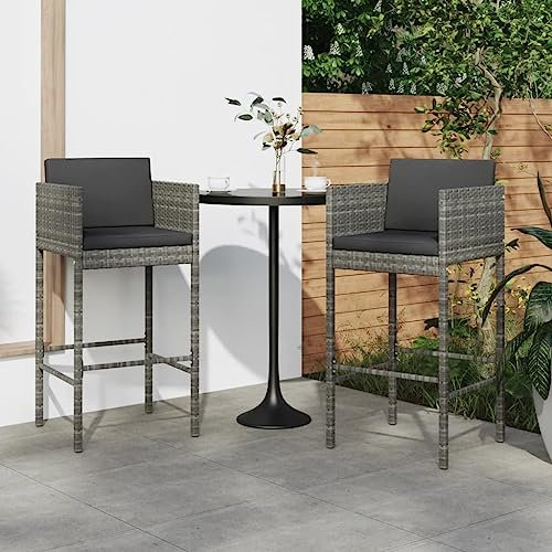 Barhocker 2 STK. mit Kissen Grau Poly Rattan,Bequeme Barhocker aus strapazierfähigem PolyRattan für den Außenbereich Terrassen Sitzmöbel, Gartenmöbel & Zubehör