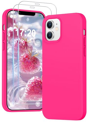 PuyaTeya 3 in 1 Hülle für iPhone 12/12 pro, mit 2 Stück 9H Panzerglas Premium Liquid Silikon Hülle, mit 4-Layer stoßfeste abriebfestes, Soft Mikrofaserfutter für iPhone 12/12 pro (Neon Pink)