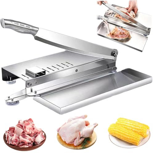 Bone Cutter, Stainless Steel Manual Meat Slicer with Scale and Food Tray, Labor-saving Meat Cutter with Non Slip Handle and Suction Cup for Kitchen,Meat Cutter