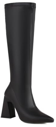 HQINGAXU Donna Stivali Alti in Pelle per l'inverno da Infilare con Tacco Grosso Quadrato Punta Stivali Elastici da Biker Stivali Casual A metà Polpaccio,Nero,44.5 EU