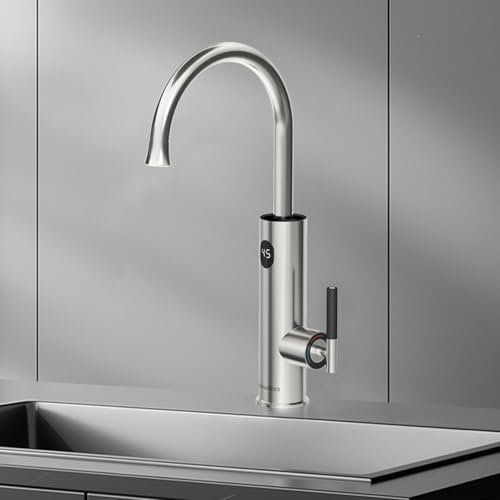 Briwellna Electric Fast Heating Tap, Kitchen Stainless Hot Water Tap with Digital Display, 360 Degree Rotate Instant Water Heater Faucet 220V (Silver)