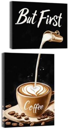 ZQQART 2er Set Kaffee Leinwandbild Wandbild Kaffeebar Schild Bilddrucke Lebensmittel Gemälde Küche Esszimmer Café Dekor gerahmt(Braun,25x20cm 25x35cm)