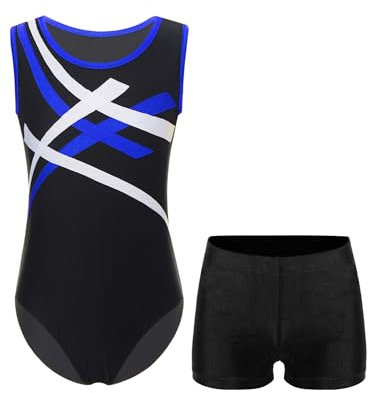Yeahdor Kinder Jungen Turnanzug Ärmellos Sport Bodysuit mit Kurze Hose Trainingsanzug Jogginganzug Ballettanzug Eiskunstlaufen Akroabtik Aa Blau Schwarz 122-128