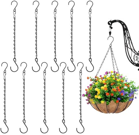YELYTR 10 Stück Metallkette zum Aufhängen mit S-Haken, Blumenampel Ketten Metall, Metallherzen zum Aufhängen, 29 cm, 5 kg Tragefähigkeit, für Pflanzenhänger, Vogelhäuser, Windspiele (Schwarz)