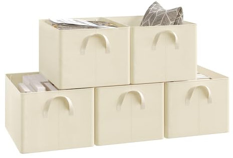WOLTU ABB10cm-5-UK Foldable Storage Boxes Set of 5, Fabric Storage Cubes with Handles, Stacking Boxes for Clothes and Toys, Cream, 42 x 32 x 26 cm