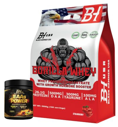GORILLA Whey Protein 5KG + Free EAAs 620g – Black Hammer USA Protein Powder for Muscle Growth & Recovery (5000g, Erdbeere)