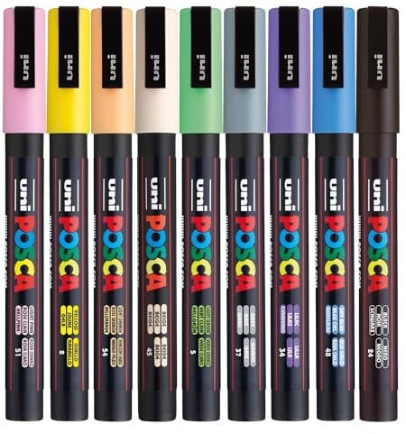 Posca - Pastel PC-3M Acrylic Paint Pens (9pc), Multisurface Water Based Markers Ideal for Rock Painting, Canvas, Glass, Wood, Metal, Fabric, Colouring, Arts and Crafts, with 4 Stickers