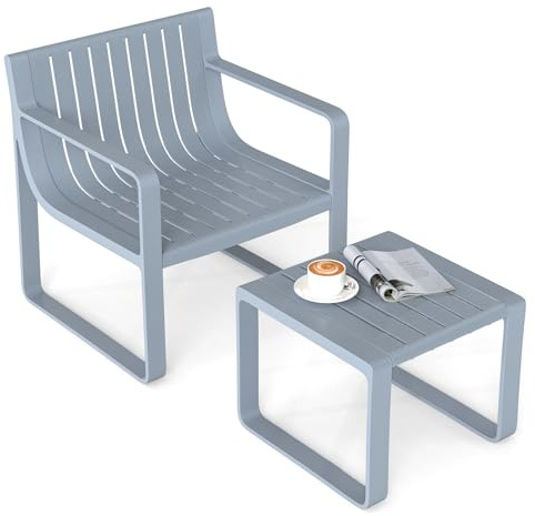 GOPLUS Gartenmöbel Set 2 teilig, Gartenstuhl ergonomisch & Beistelltisch Outdoor wetterfest aus PP, Balkonset Balkonmöbel Kleiner Balkon, Lamellen Design für Terrasse Garten Hof Pool