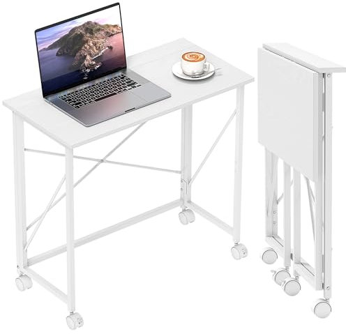 HOMCOM Small Folding Desk, 80 cm Foldable Computer Desk on Wheels for Small Space, Easy Assembly, Space Saving Writing Table for Home Office, Bedroom, White