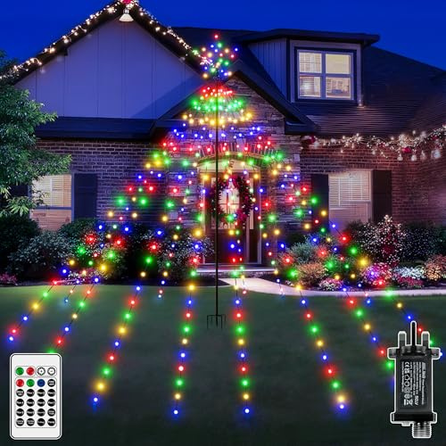 Ollny Christmas Tree Lights, 340 LED Outdoor Christmas Lights with Ring and Star, Multicoloured 2.4m x 13 Strand Fairy Light, IP67 Waterproof with Remote Control 16 Modes Timer Dimmable Outside Xmas